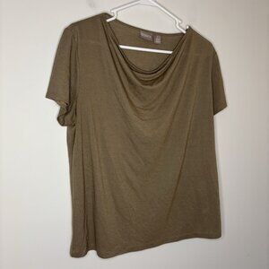 CHICO'S Short Sleeve Blouse Womens L Tan Stretch Knit Cowl Neck Flowy Casual